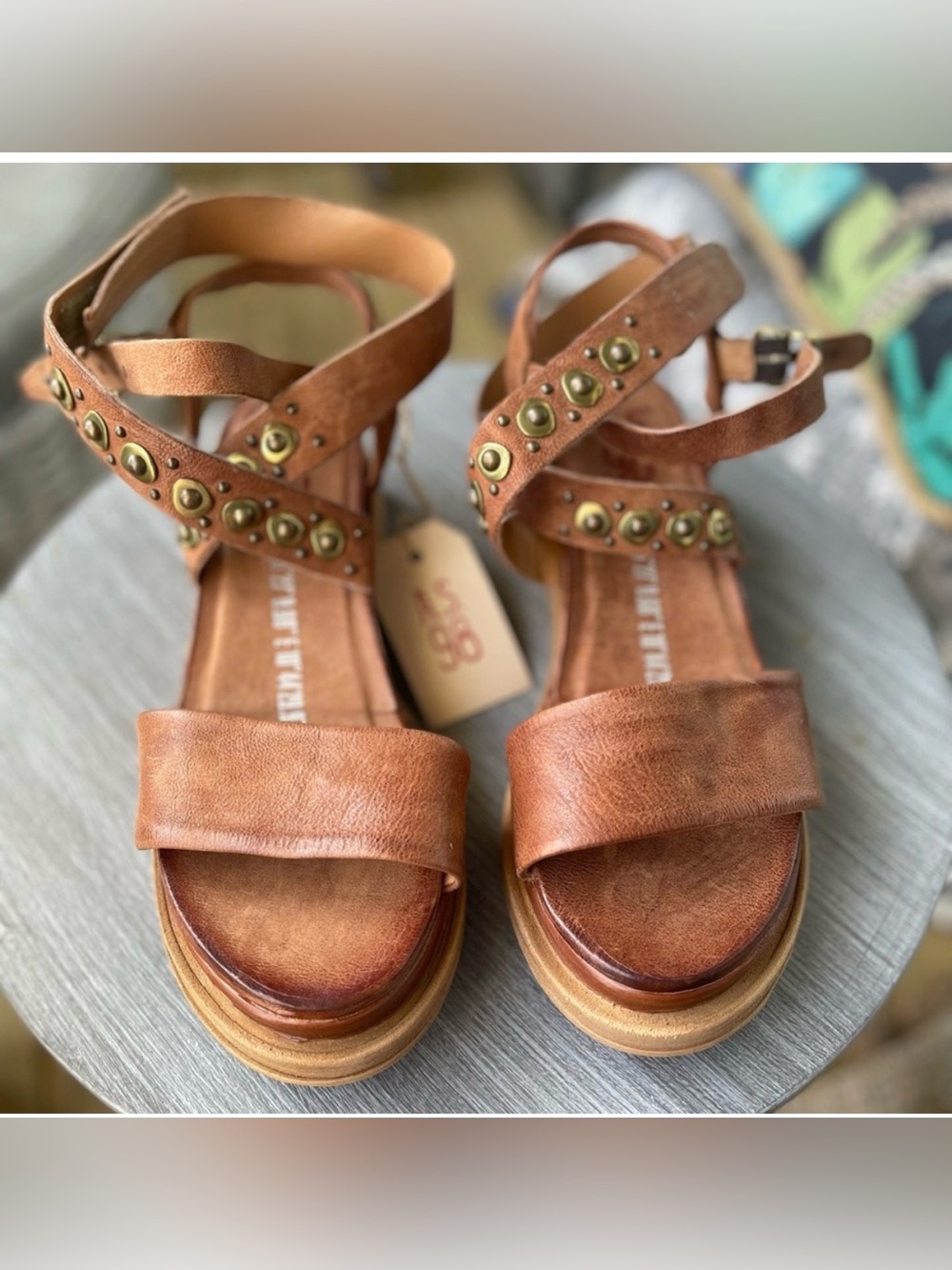 AS98 Larkie Platform Sandals with Studded Straps size 39/8.5 color Calvados